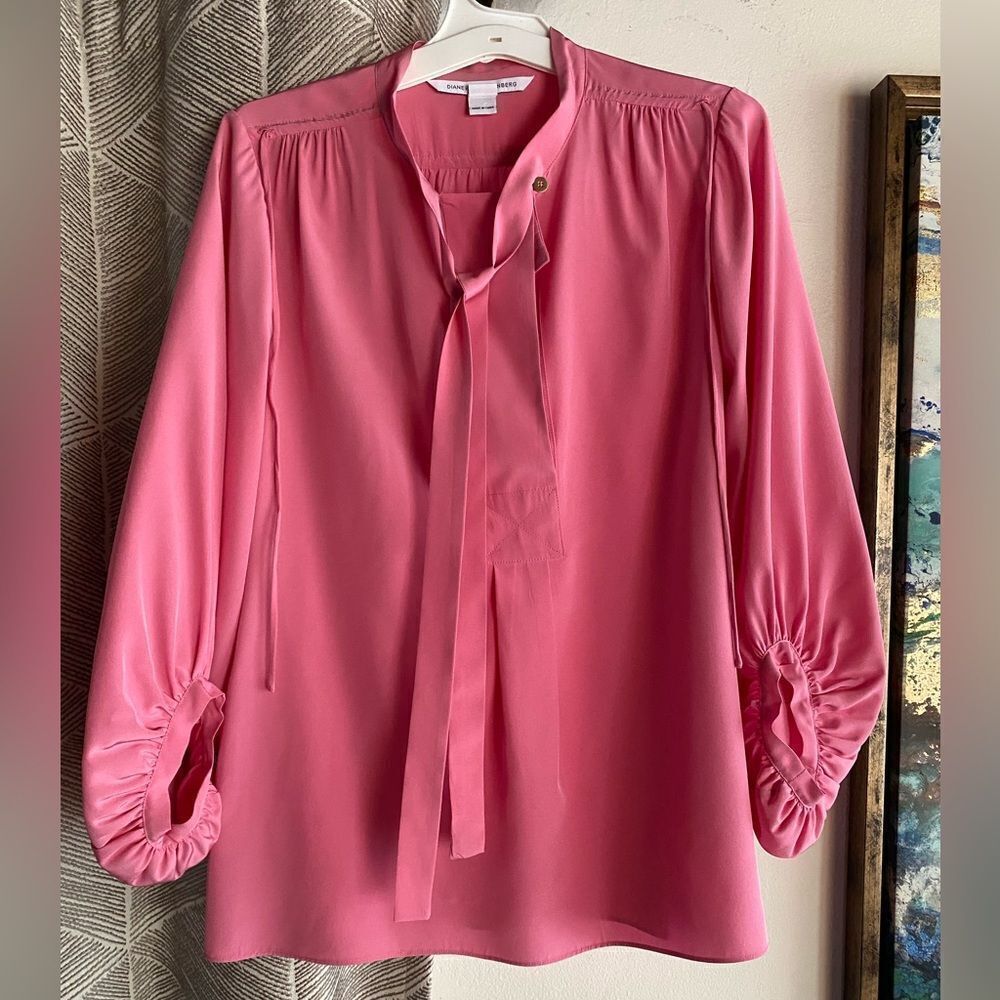 DVF Diane Von Furstenberg BAIRLY LOUCHE Neck Tie Top Blouse Peony Pink Sz 6 - Picture 4 of 15